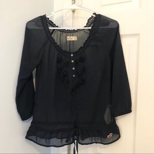 Navy Hollister Sheer Blouse with Lace Detail